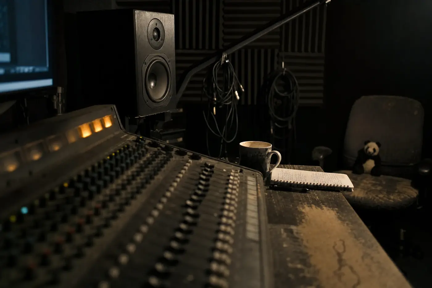 A small podcast control room at night, lit by a desk lamp and the amber backlight of a worn mixing console.