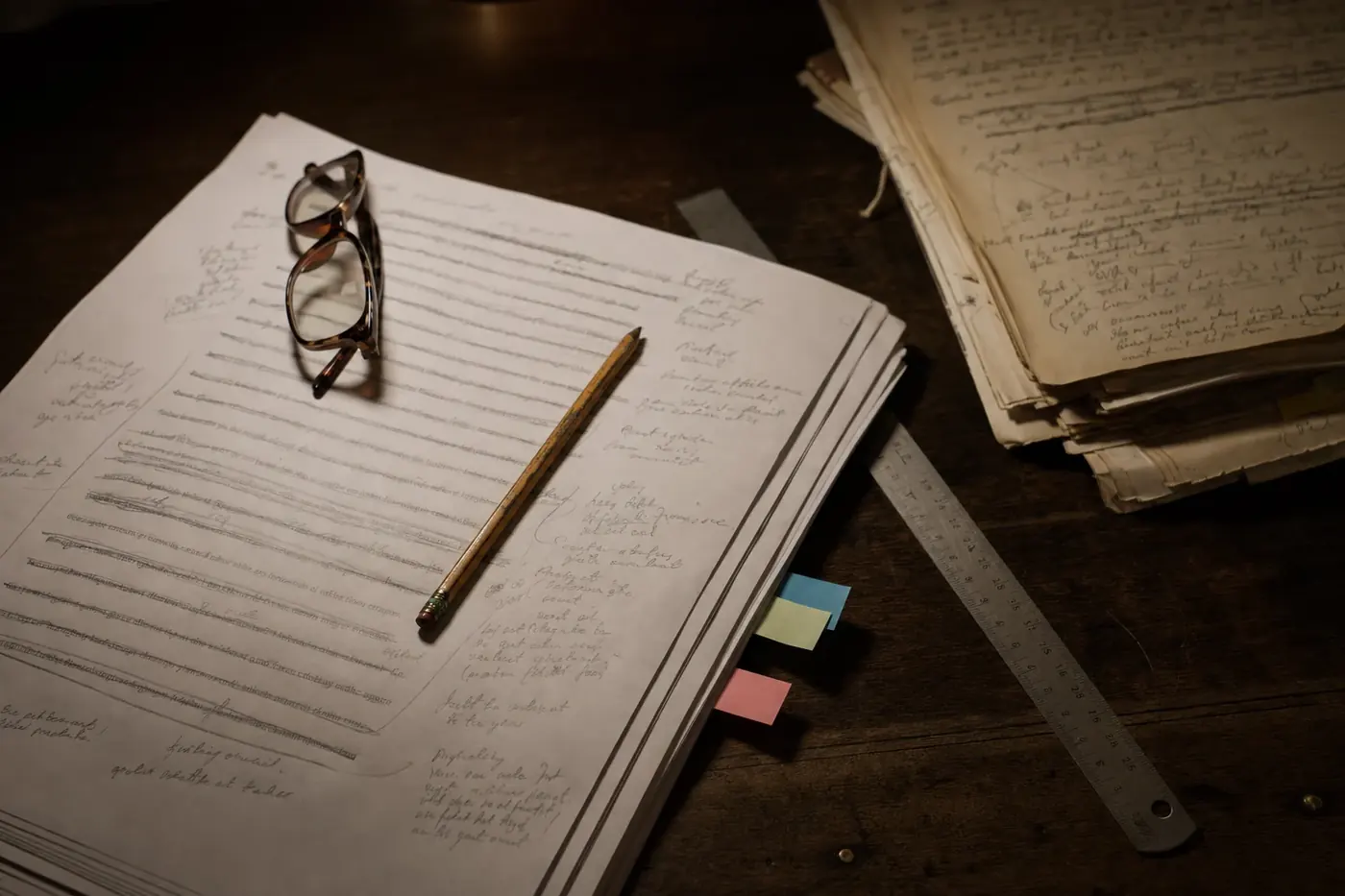 A thick stack of printed transcript pages under a desk lamp, the top page marked up in pencil with margin notes and struck-through lines.
