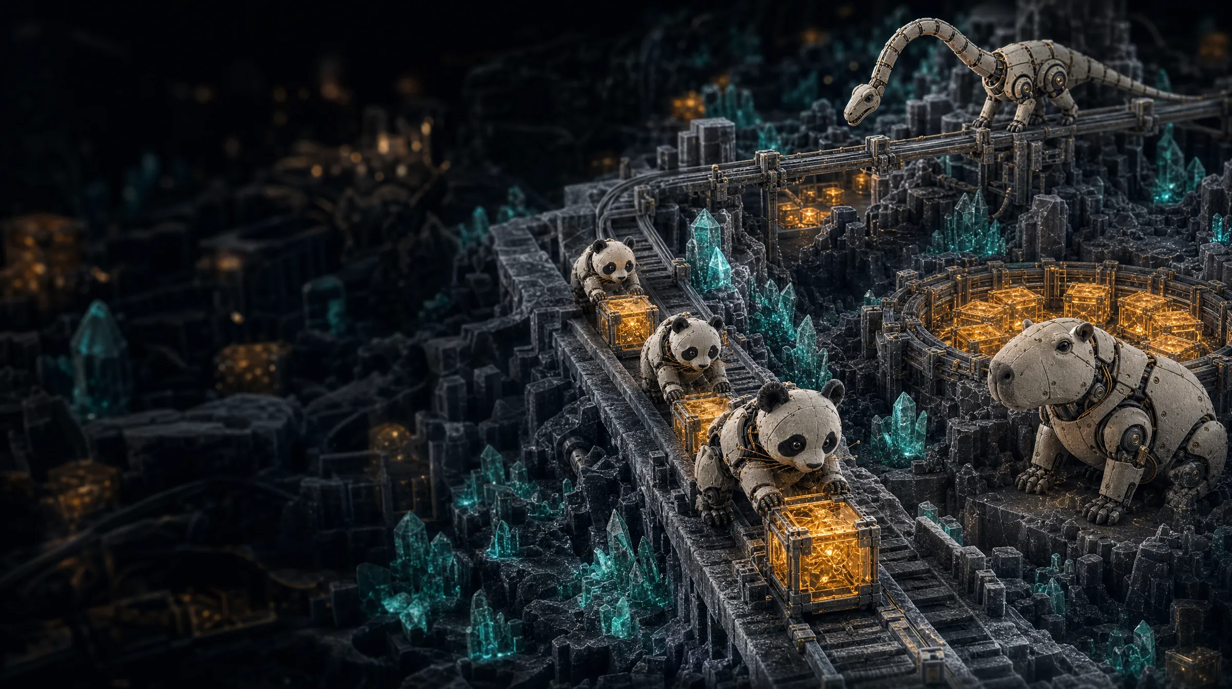 Three ceramic robot pandas push glowing amber record crates along an etched rail. A robot capybara rests beside a ring of crates and a long-neck robot dinosaur watches from a bridge.