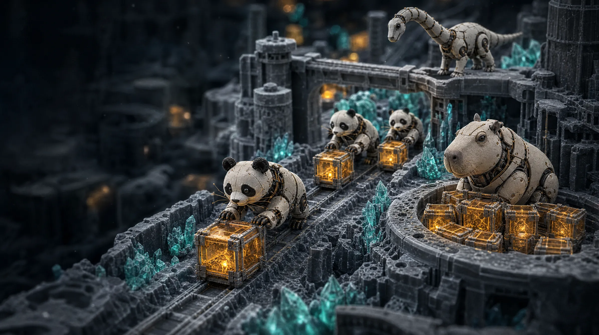 Robot pandas push lit record crates along a trench toward a robot capybara seated in a buffer of crates, beneath a dinosaur on a bridge.