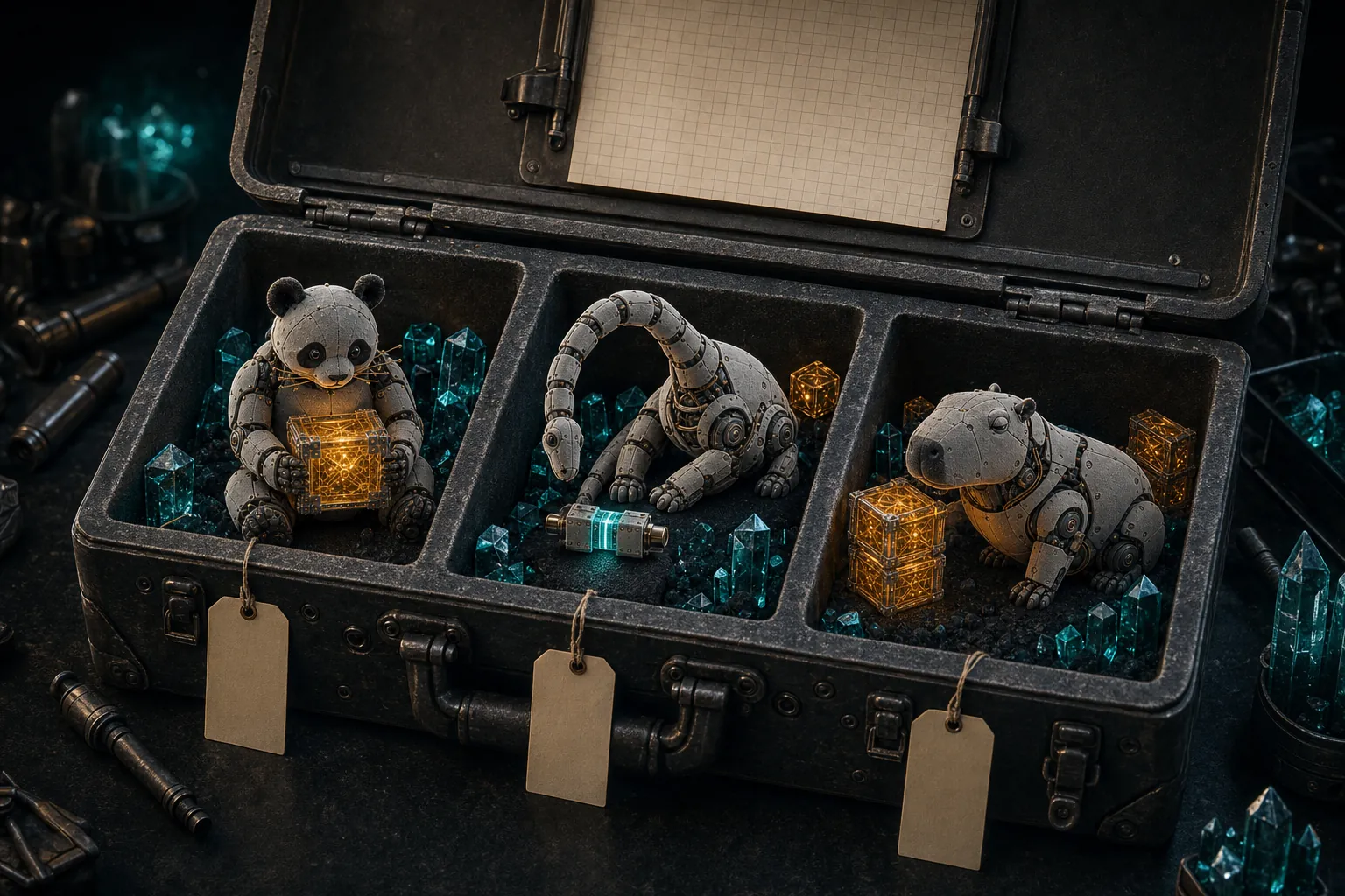 An open field specimen case holds a robot panda with a glowing crate, a robot dinosaur beside a teal adapter, and a robot capybara beside stacked crates. Blank tags hang from each compartment.