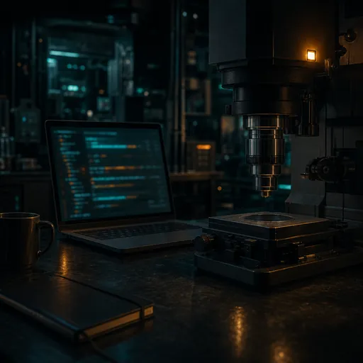 A laptop showing blurred code on a dark laboratory bench beneath the objective lens of an electron microscope.
