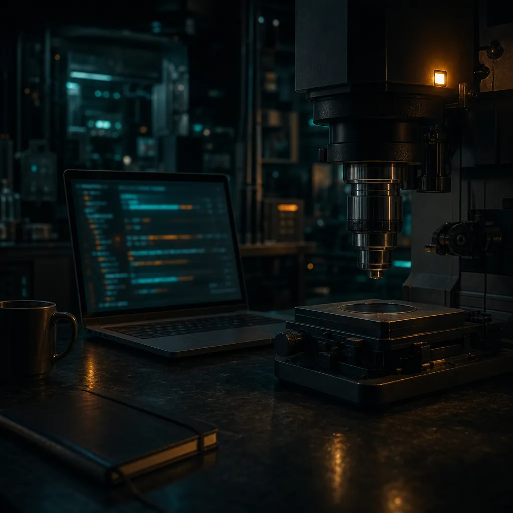 A laptop showing blurred code on a dark laboratory bench beneath the objective lens of an electron microscope.