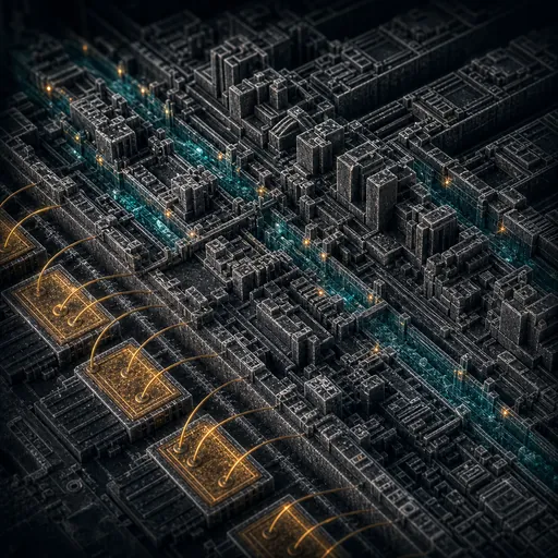 An oblique view of a microfabricated die: blocks of etched machinery, gold bond wires, and teal channels carrying pinpoints of amber light.