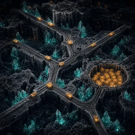 A branching network of etched rails lined with teal crystals. Small glowing crates travel the rails toward a circular buffer full of crates.