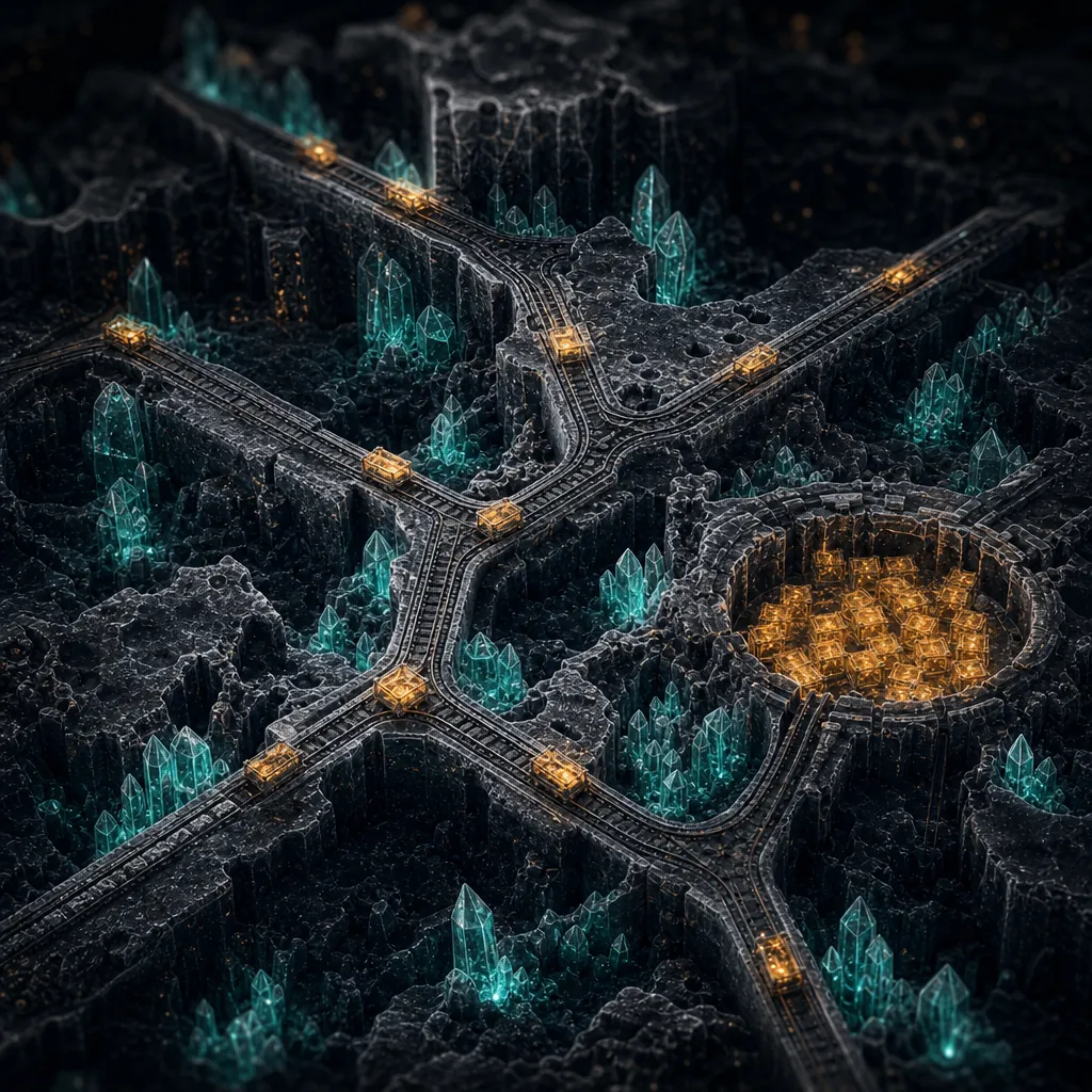 A branching network of etched rails lined with teal crystals. Small glowing crates travel the rails toward a circular buffer full of crates.