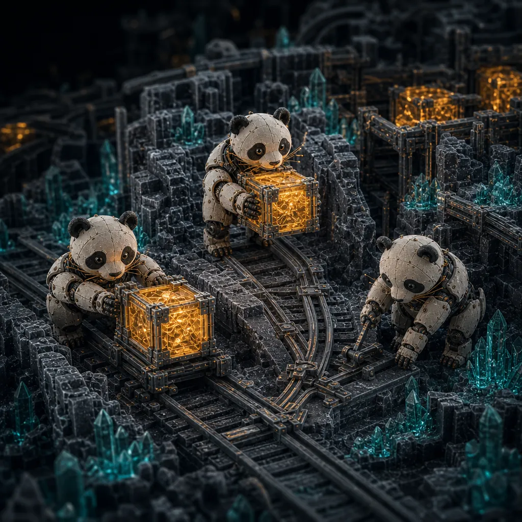 Three robot pandas at a rail junction: one lifts a glowing crate, one pushes a loaded trolley, one works a switch lever.