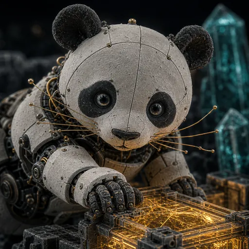 A close-up of a robot panda with ceramic face plates and gold whiskers, one paw on a glowing amber crate, looking up toward the viewer.