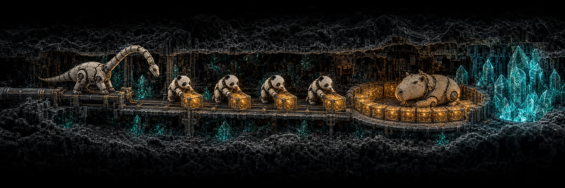 A side-on cutaway of one channel. From left: a robot dinosaur at a coupling, four robot pandas pushing glowing crates, a robot capybara in a buffer bay of crates, and teal crystals at the exit.