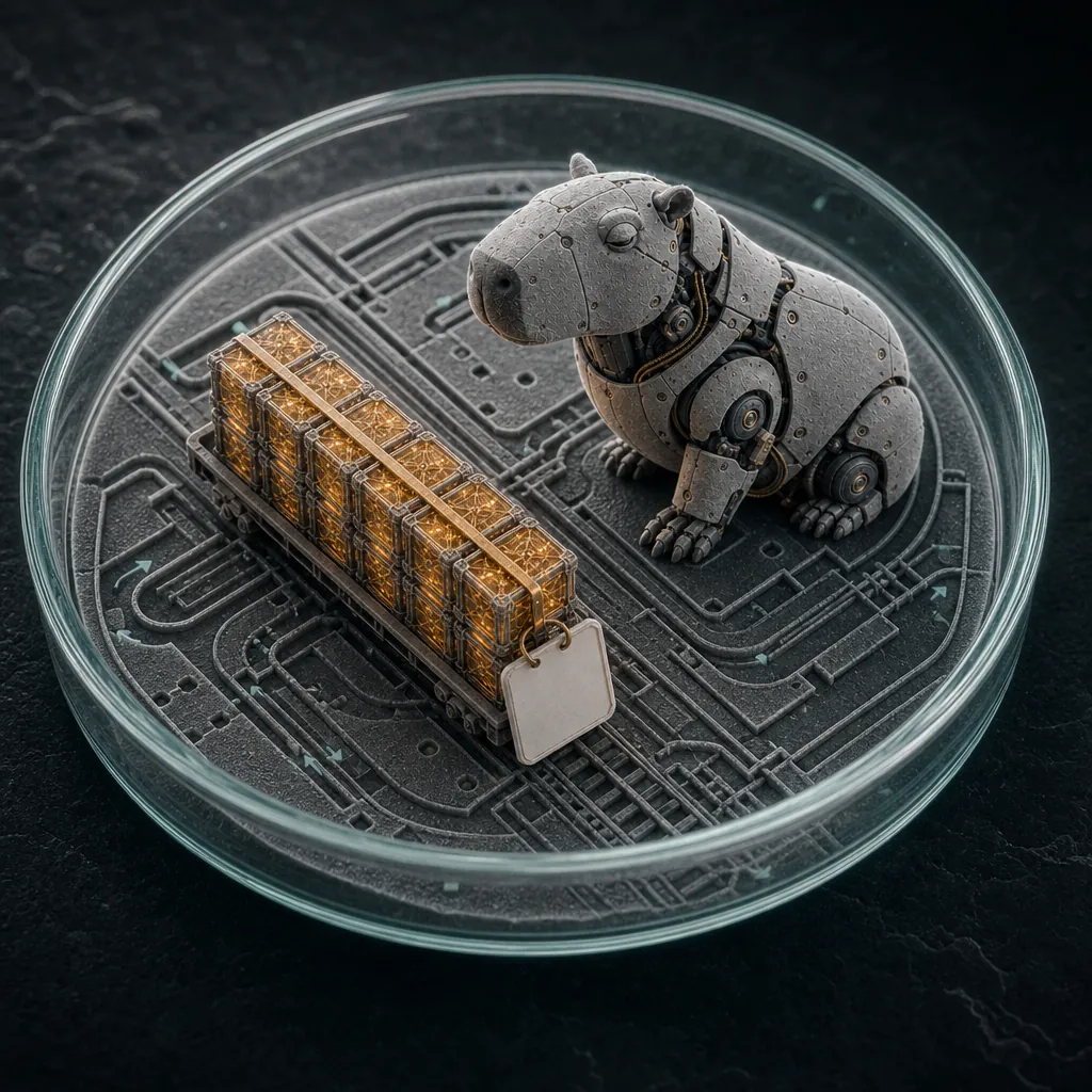 A petri dish holding a rail yard. A robot capybara sits beside one flatbed trolley of glowing crates strapped into a single batch with a blank tag.