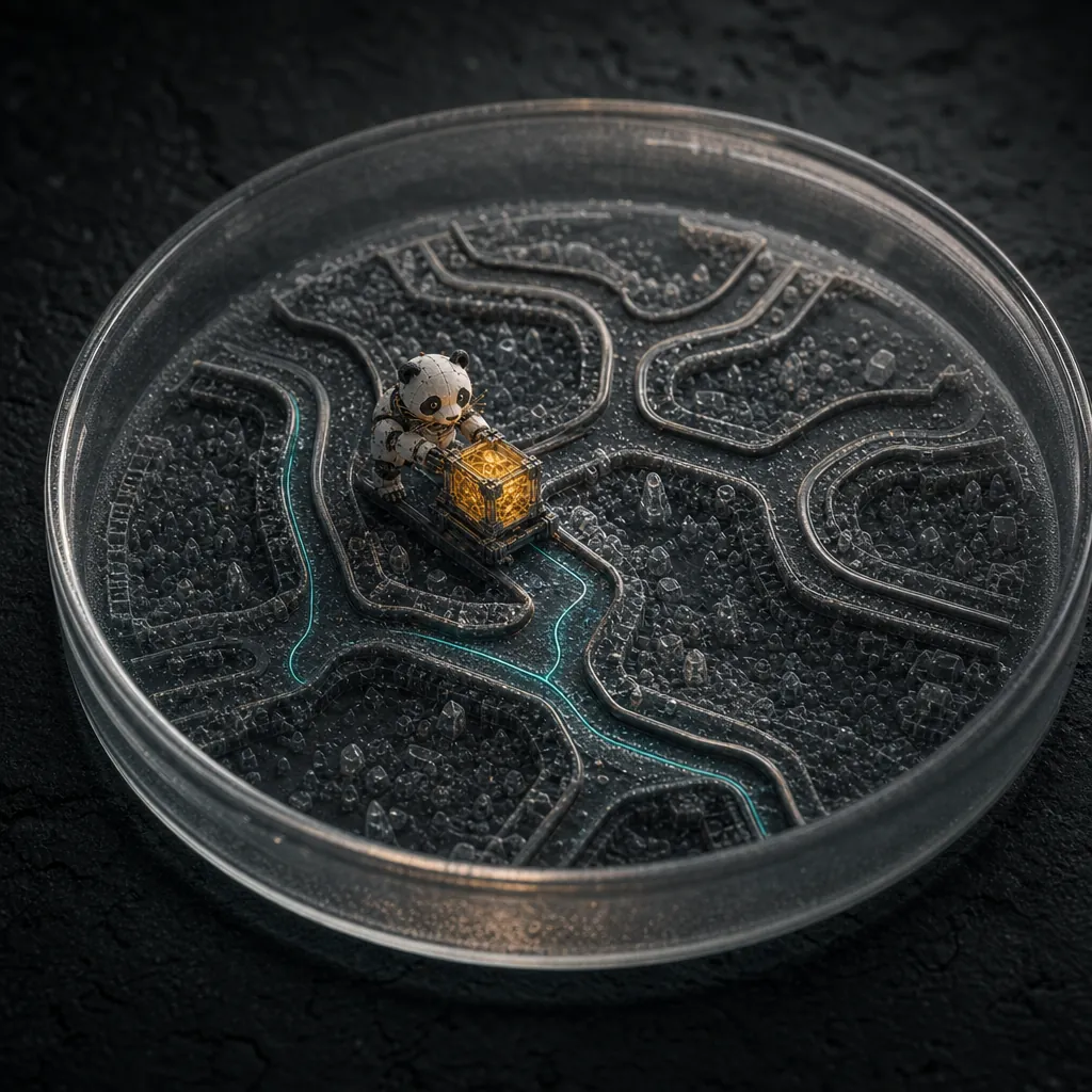 A petri dish holding forking etched channels. A robot panda pushes a glowing crate trailed by a fine teal thread.