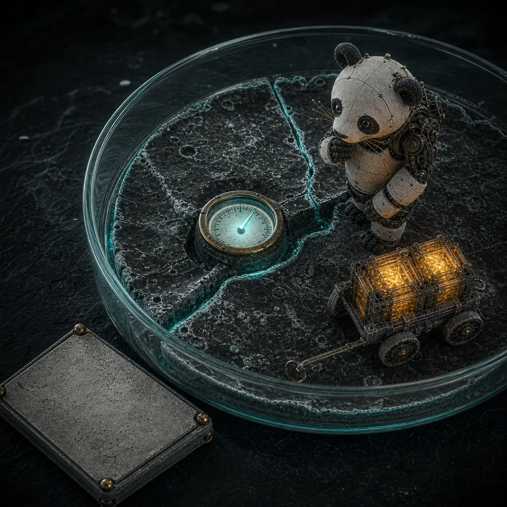 A petri dish with a small brass gauge on a channel wall. A robot panda stands beside its trolley of glowing crates, studying the dial.