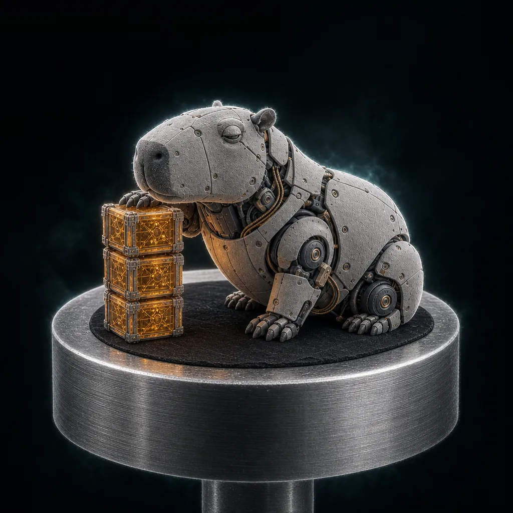A robot capybara resting on an aluminium specimen stub, one paw against a stack of three glowing record crates.
