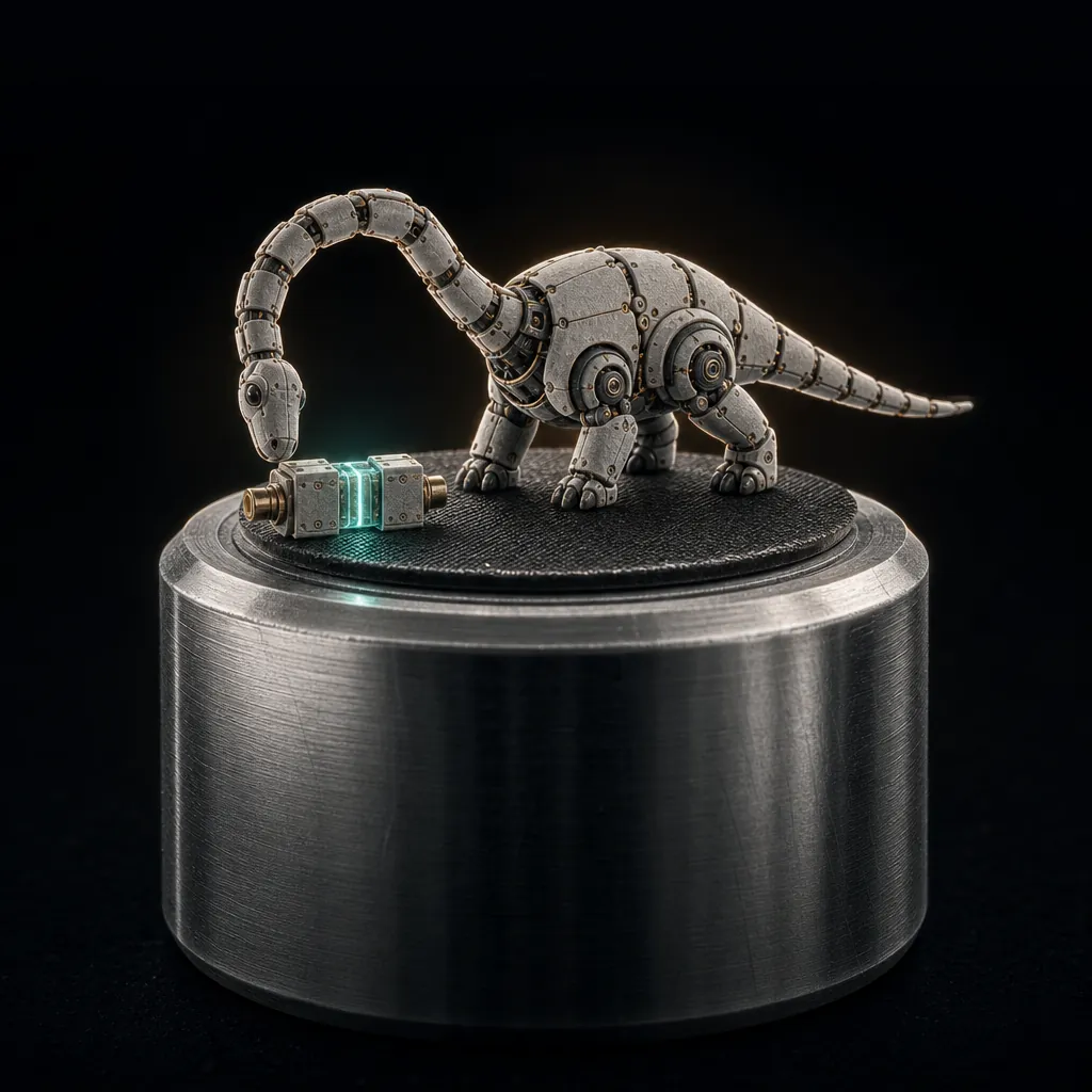 A small long-neck robot dinosaur on an aluminium specimen stub, inspecting a teal-lit two-sided adapter.