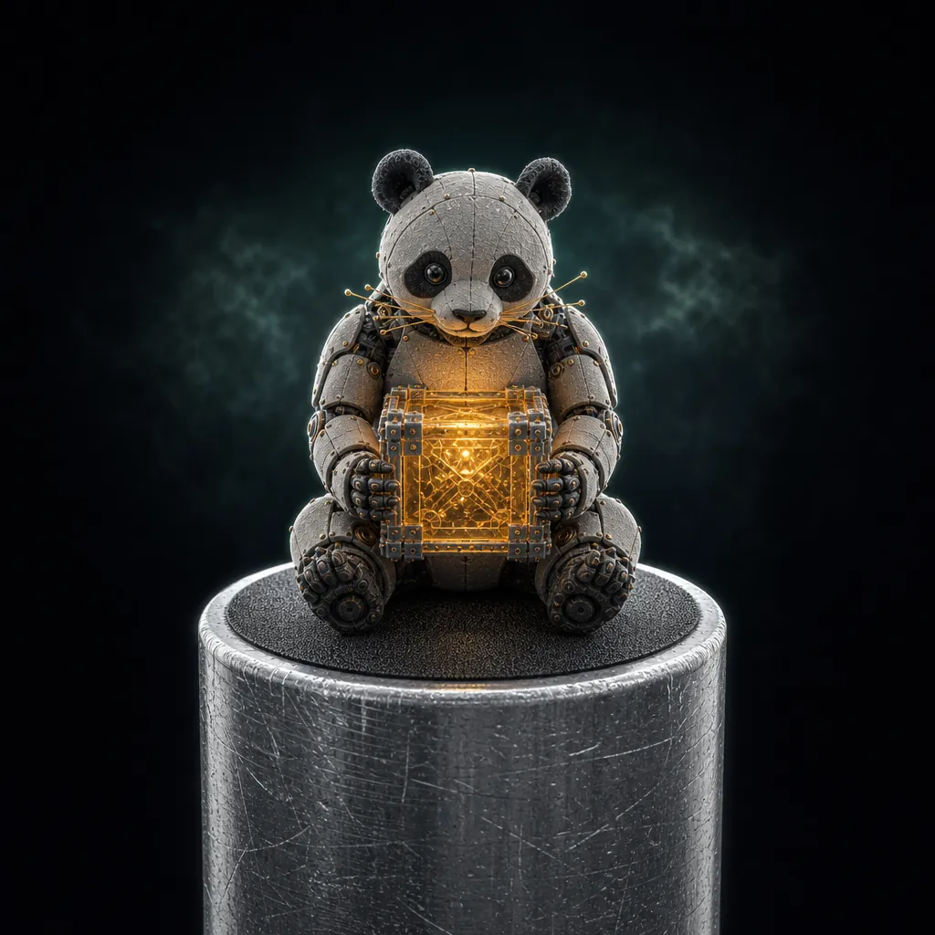 A robot panda seated on an aluminium specimen stub, holding a glowing amber record crate in its lap.