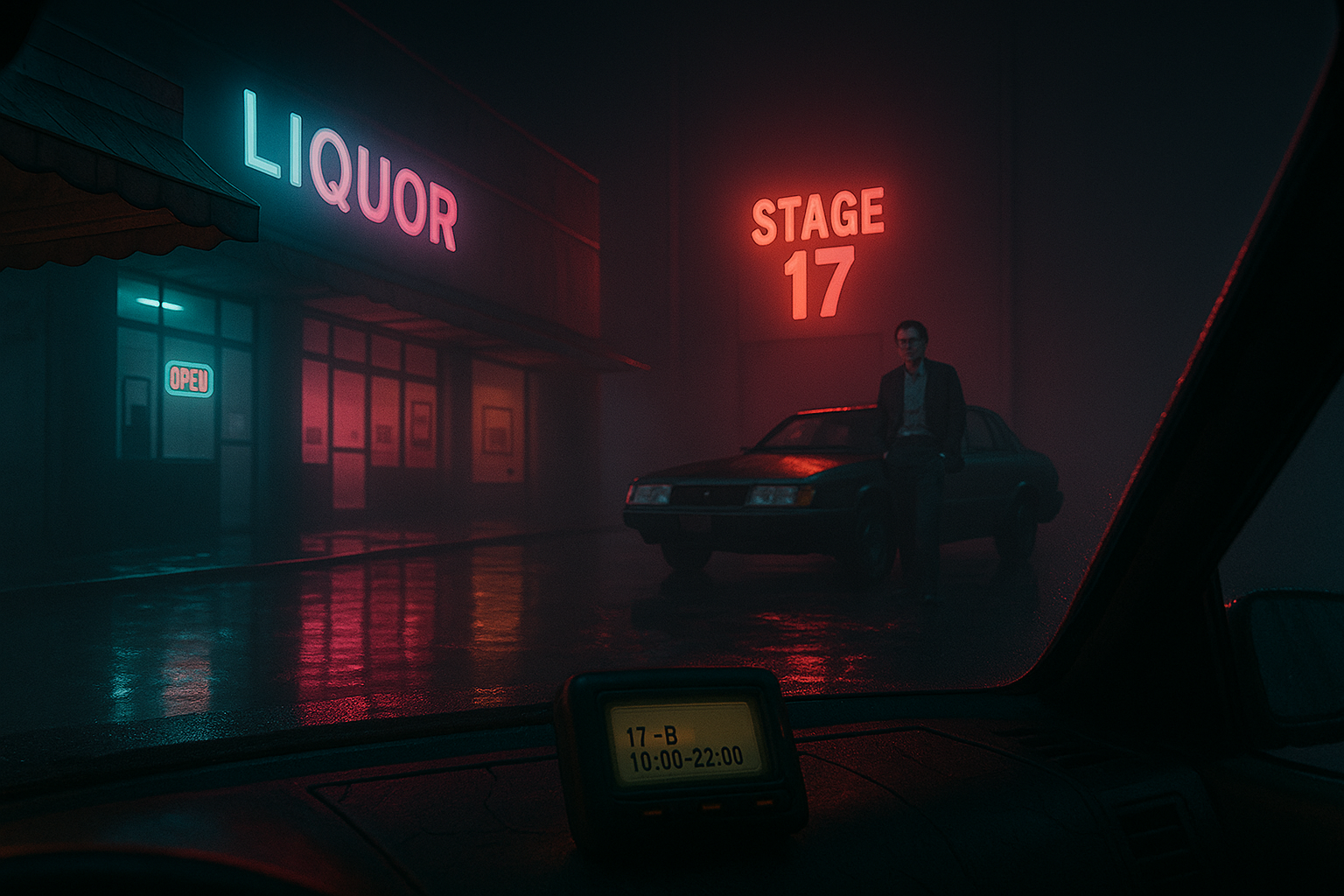 A noir-inspired street scene with vintage neon signs glowing through mist.