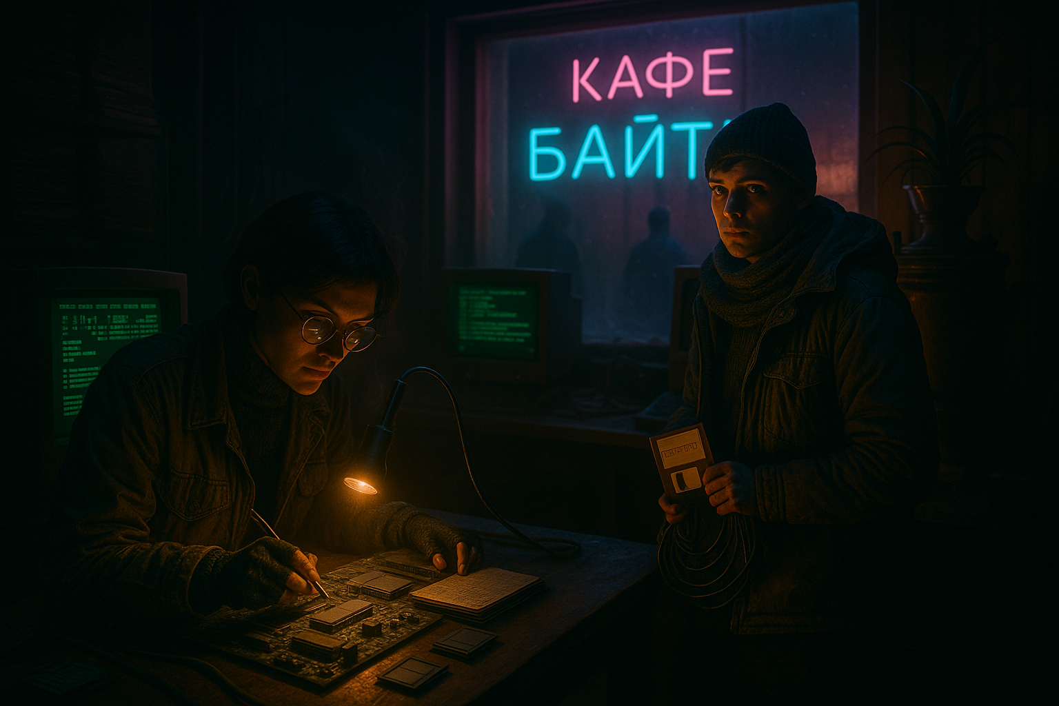 A dimly lit workspace filled with vintage computer hardware glowing with neon accents.