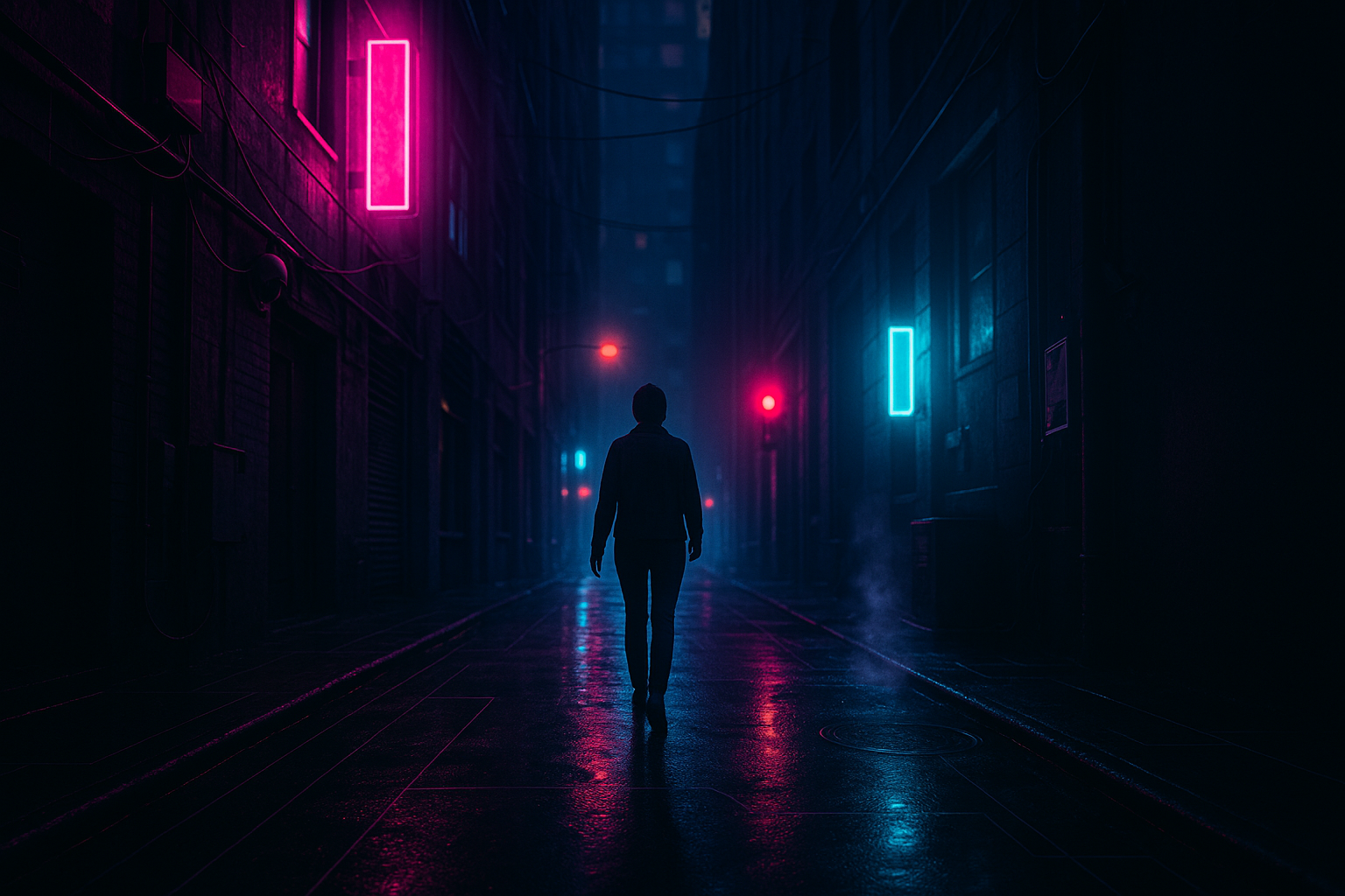 A moody, atmospheric image of a neon-lit city street at night, noir style, magenta and cyan highlights reflecting on wet pavement, cinematic photography.