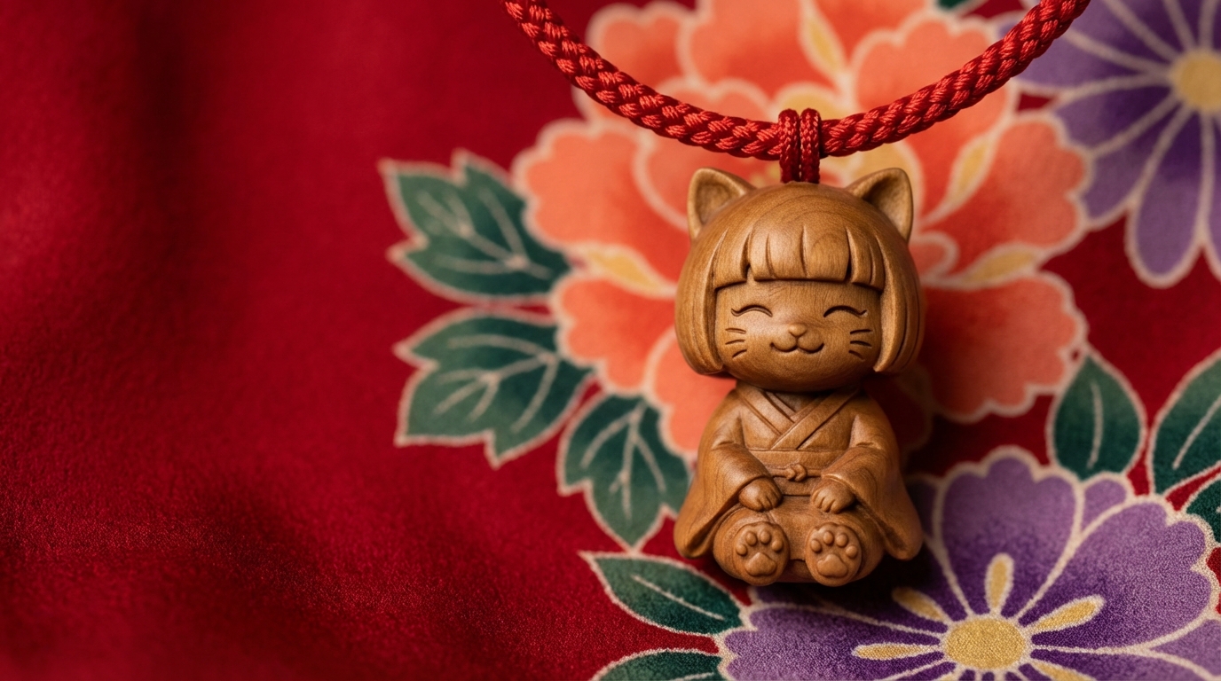 wooden carved cat figurine netsuke style, vibrant red floral japanese fabric background, warm lighting, macro photography, extremely detailed wood texture