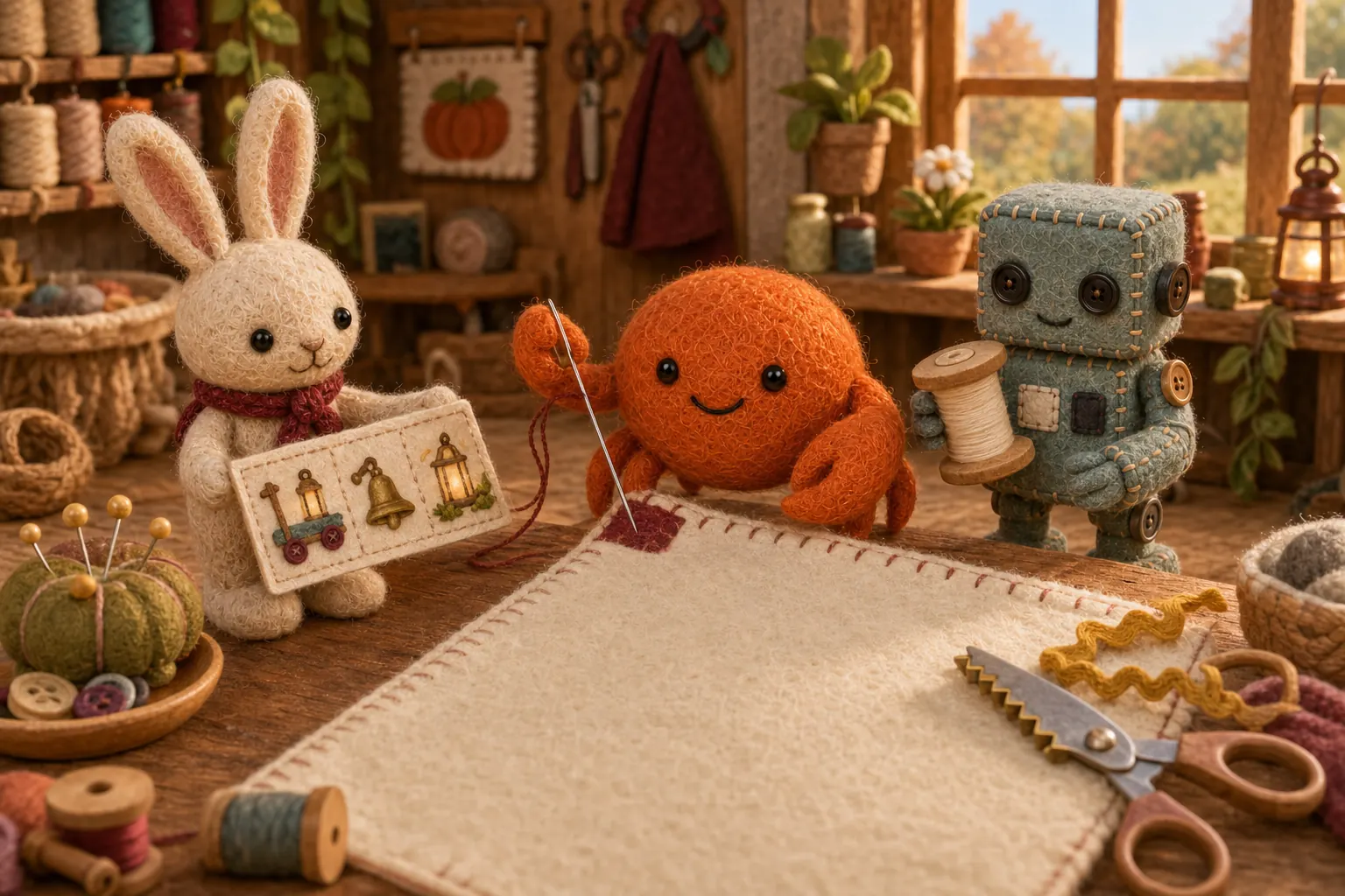 Marrow the felt crab sews a first small patch onto the corner of a blank cream quilt with rust-red wool, while the rabbit holds up a pattern of three pictures and the robot offers a spool of thread.