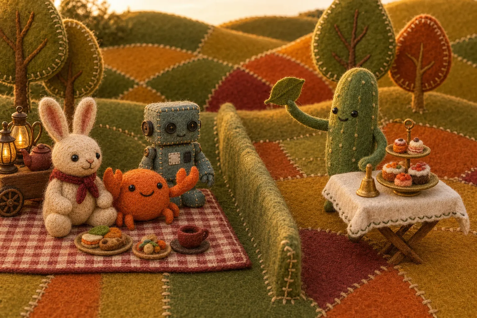 Two neighbouring felt picnics on a patchwork meadow: on the left the rabbit, the robot, and Marrow the crab on a gingham blanket; on the right a cheerful felt cucumber at a small table with a cake stand, waving a leaf across the hedge as Marrow waves back.