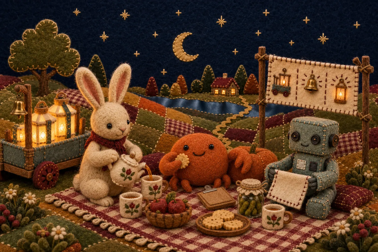 A needle-felted picnic at dusk on a patchwork landscape: a cream rabbit pours tea, Marrow the round orange crab holds a shortbread biscuit, and a blue-grey sewn robot unfolds a napkin, beside a trolley of glowing lanterns and a banner of three pictures.