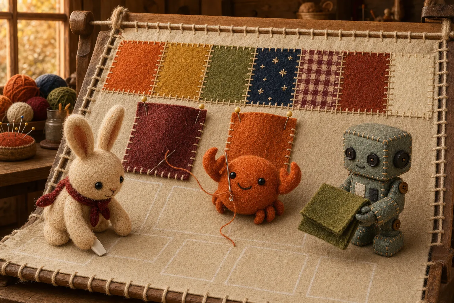 A patchwork quilt on a wooden quilting frame: a finished row of seven felt patches at the top, two patches pinned in place below, and chalk outlines of future squares, while Marrow sews, the robot holds the next square, and the rabbit chalks a new outline.