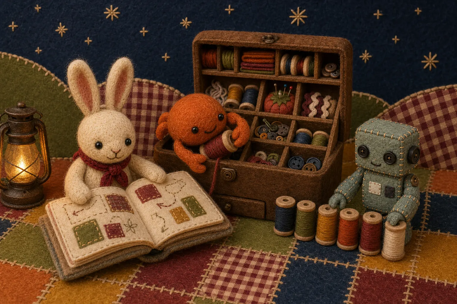 At dusk on a patchwork quilt, the rabbit reads a felt pattern book beside a lantern, Marrow the crab climbs out of an open sewing box with a spool of rust-red wool, and the robot lines up spools of thread by colour.