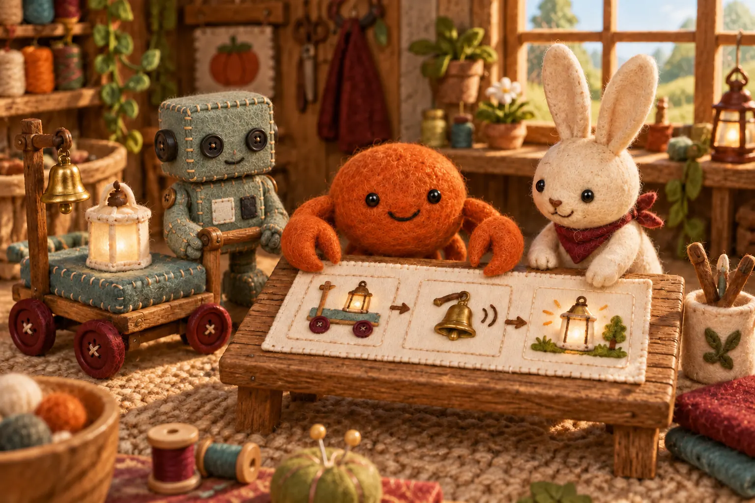 Marrow the felt crab, a cream rabbit, and a cloth robot lean over a workshop table to agree a three-picture storyboard: a trolley with a lantern, a bell, and an upright lantern.