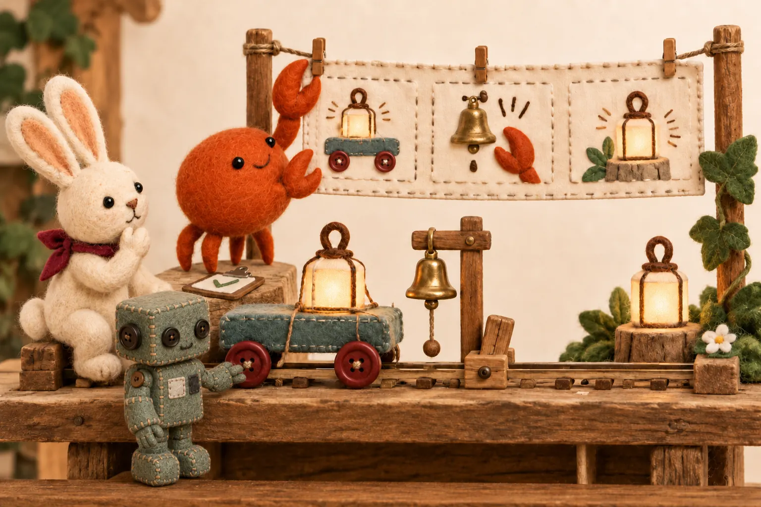 Marrow clips a storyboard above a toy trolley route, with a bell and a release mechanism along the track.
