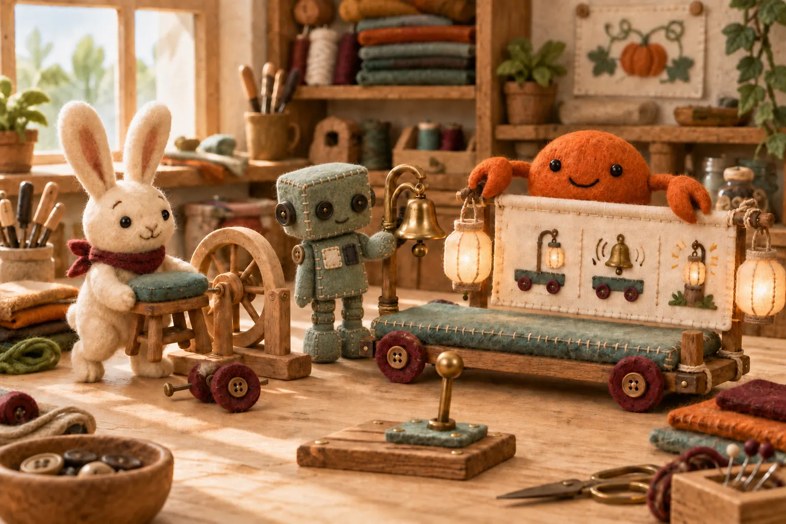 A workshop bench holds a wheel jig, a bell check, and the full trolley rehearsal side by side.