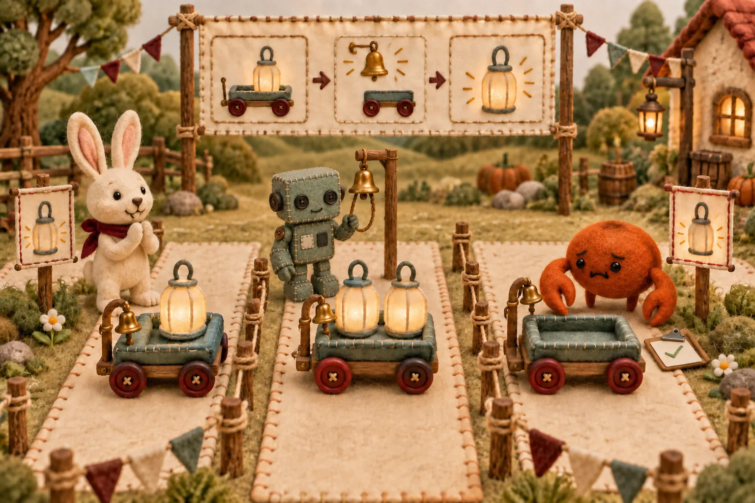 Three miniature lanes carry exactly one lantern, two lanterns, and no lanterns.