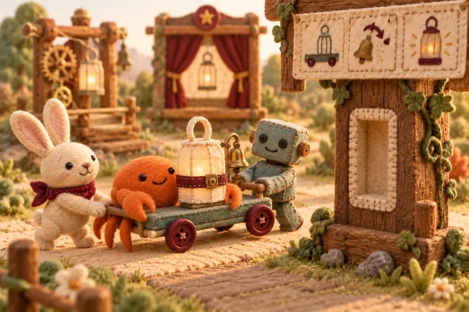 Marrow, the rabbit, and the robot carry the repaired trolley towards timber, clockwork, and window-shaped stage supports.
