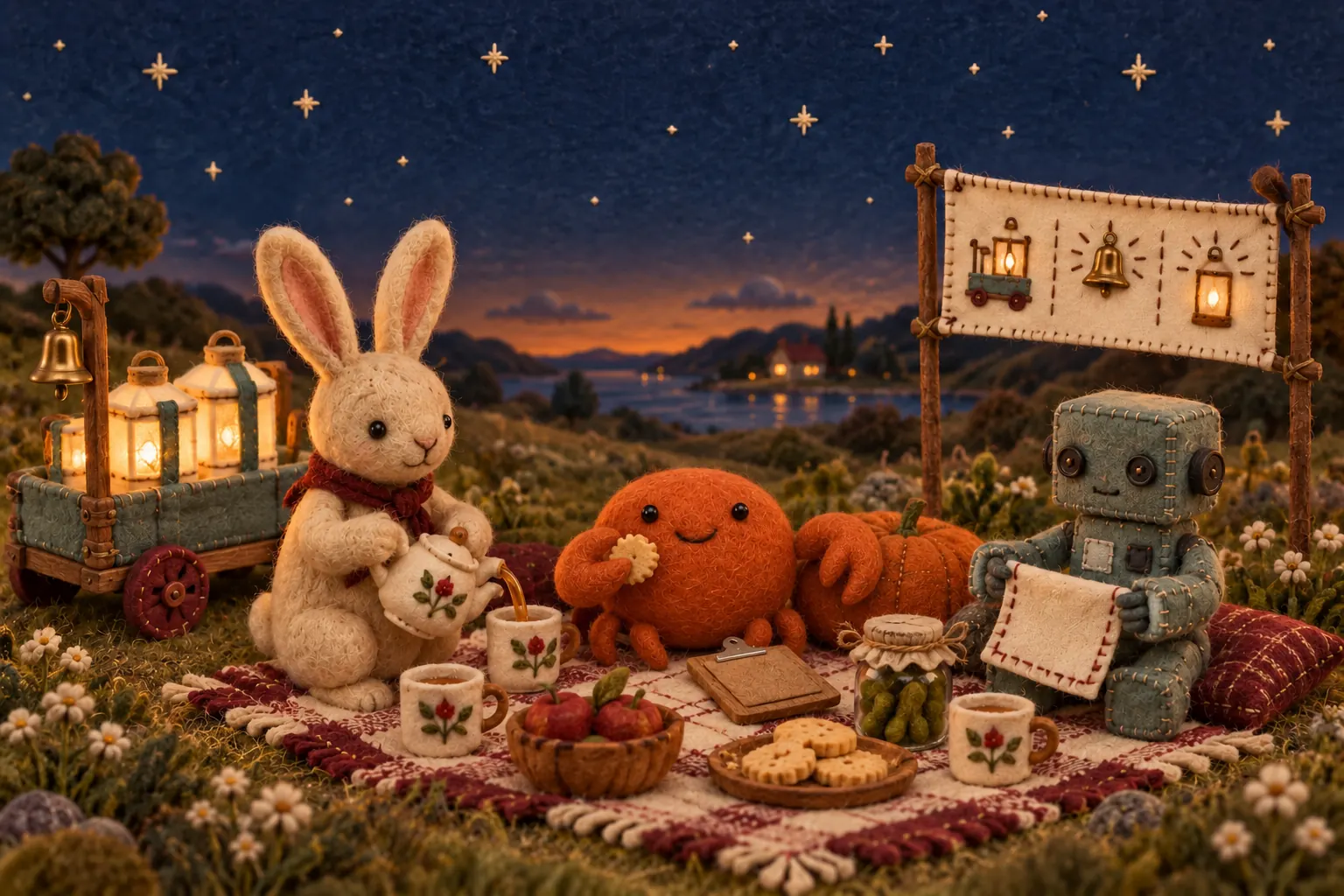 At dusk, Marrow, the rabbit, and the cloth robot share tea and shortbread on a checked blanket beside the trolley of glowing lanterns.