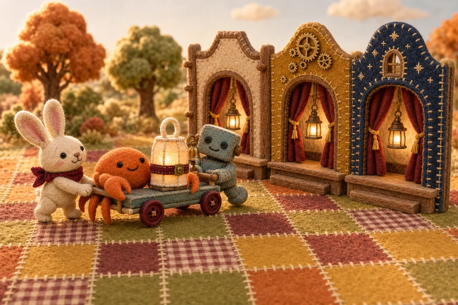 The rabbit, Marrow, and the robot push a toy trolley with an upright glowing lantern across a patchwork quilt towards three felt puppet-theatre stages: oatmeal wool, mustard with brass cogs, and night blue with embroidered stars.