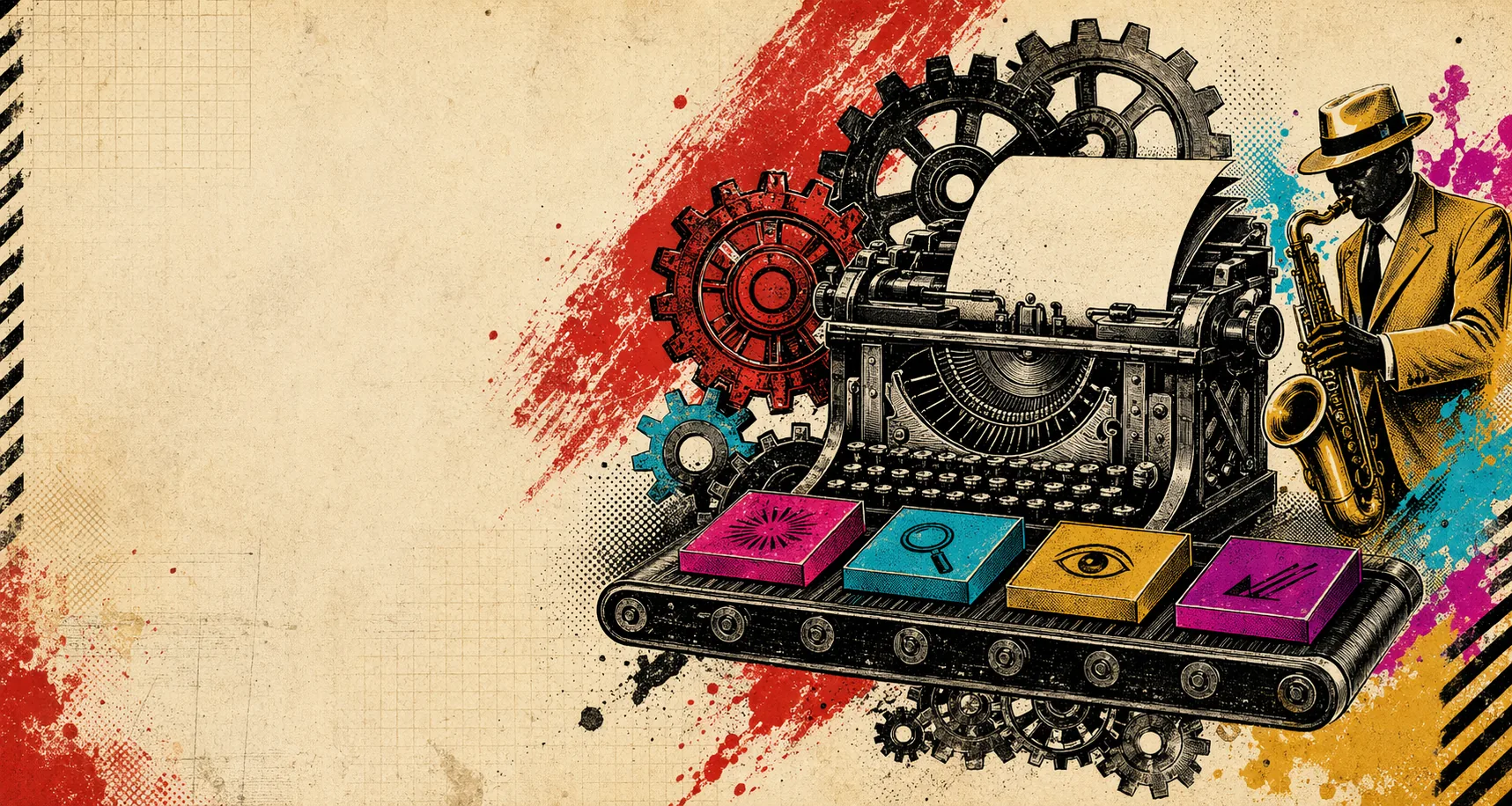 Poster collage of a typewriter, gears, and a saxophonist beside a conveyor of analysis tiles