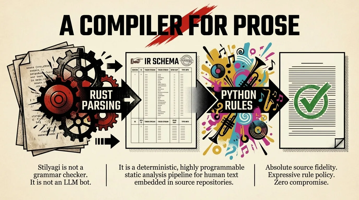 Poster headed "A compiler for prose", showing the Stilyagi pipeline from source documents through Rust parsing to an IR schema, then Python rules, ending in a checked, validated document
