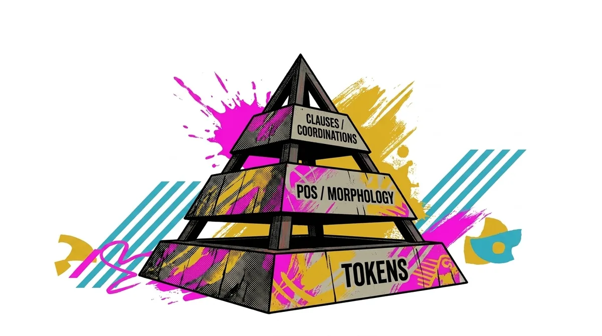 Grammar layer pyramid — tokens, POS/morphology, clauses/coordinations