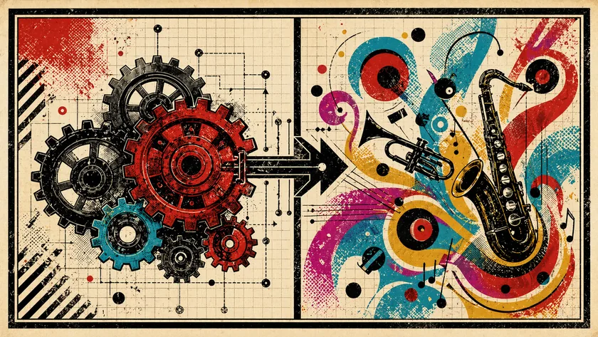 Poster-style architecture illustration showing industrial gears meeting expressive musical forms