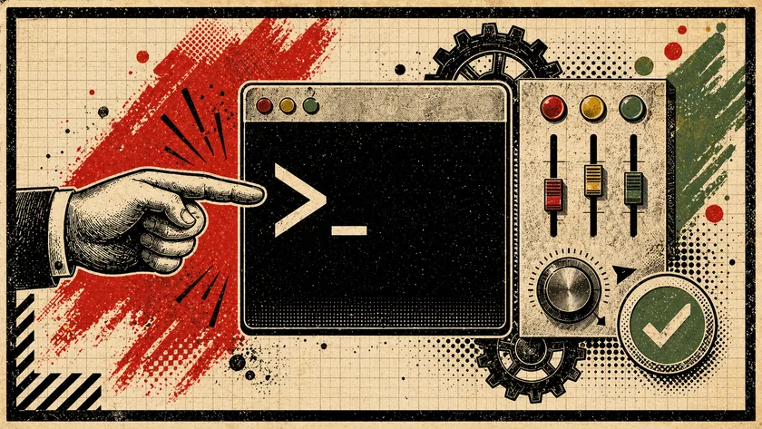 Poster-style command-line illustration with a terminal silhouette, a prompt marker, and careful controls