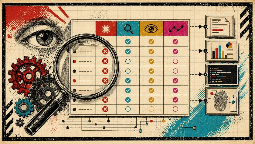 Poster-style diagnostics illustration with a magnifying glass over a structured evidence board