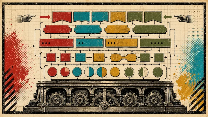Poster-style grammar layer illustration showing stacked symbolic blocks and linking brackets