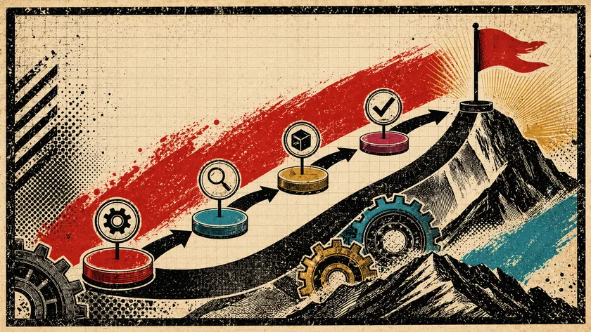 Poster-style roadmap illustration with a flag, milestones, and directional route markers