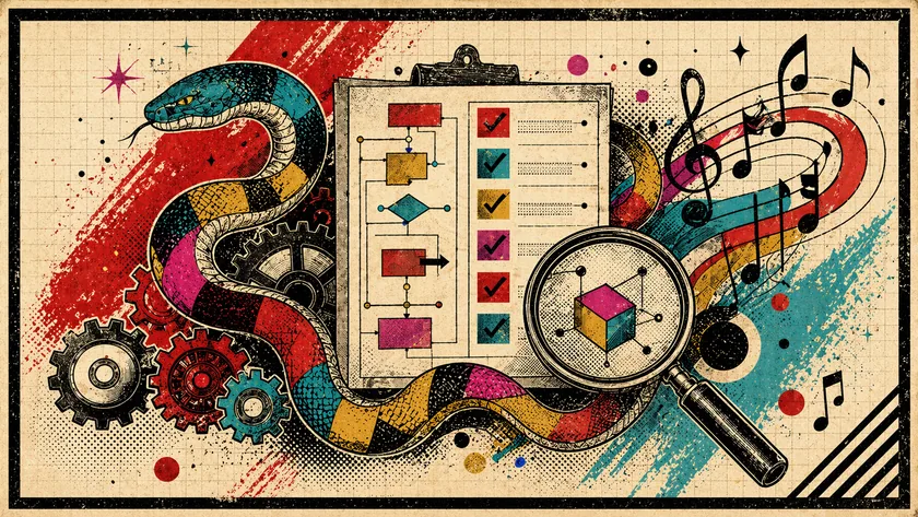 Poster-style rule engine illustration combining a checklist, analysis symbols, and musical curves