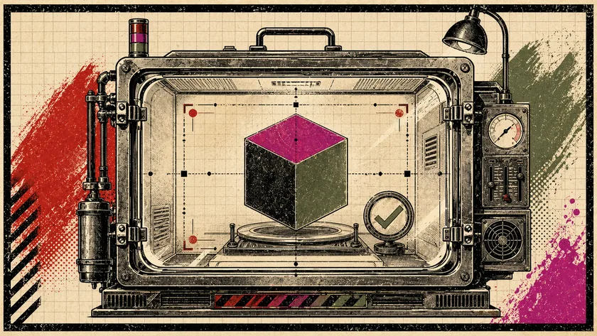 Poster-style testing sandbox illustration with a sealed chamber containing a cube and a check token