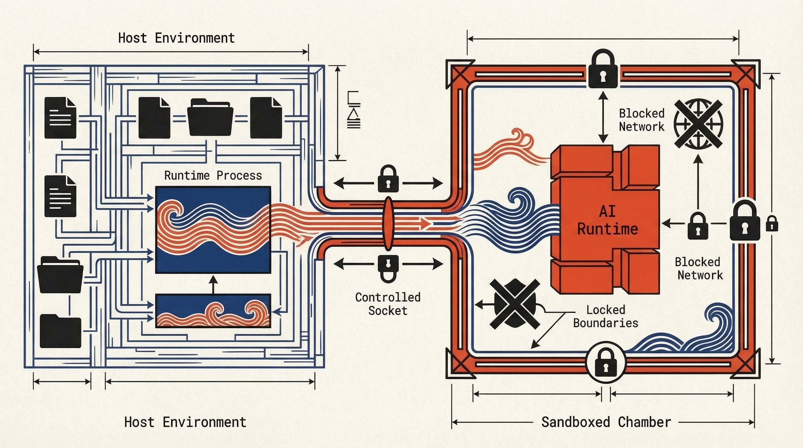 Illustration of the host environment, controlled socket, and isolated Birdcage sandbox boundary.