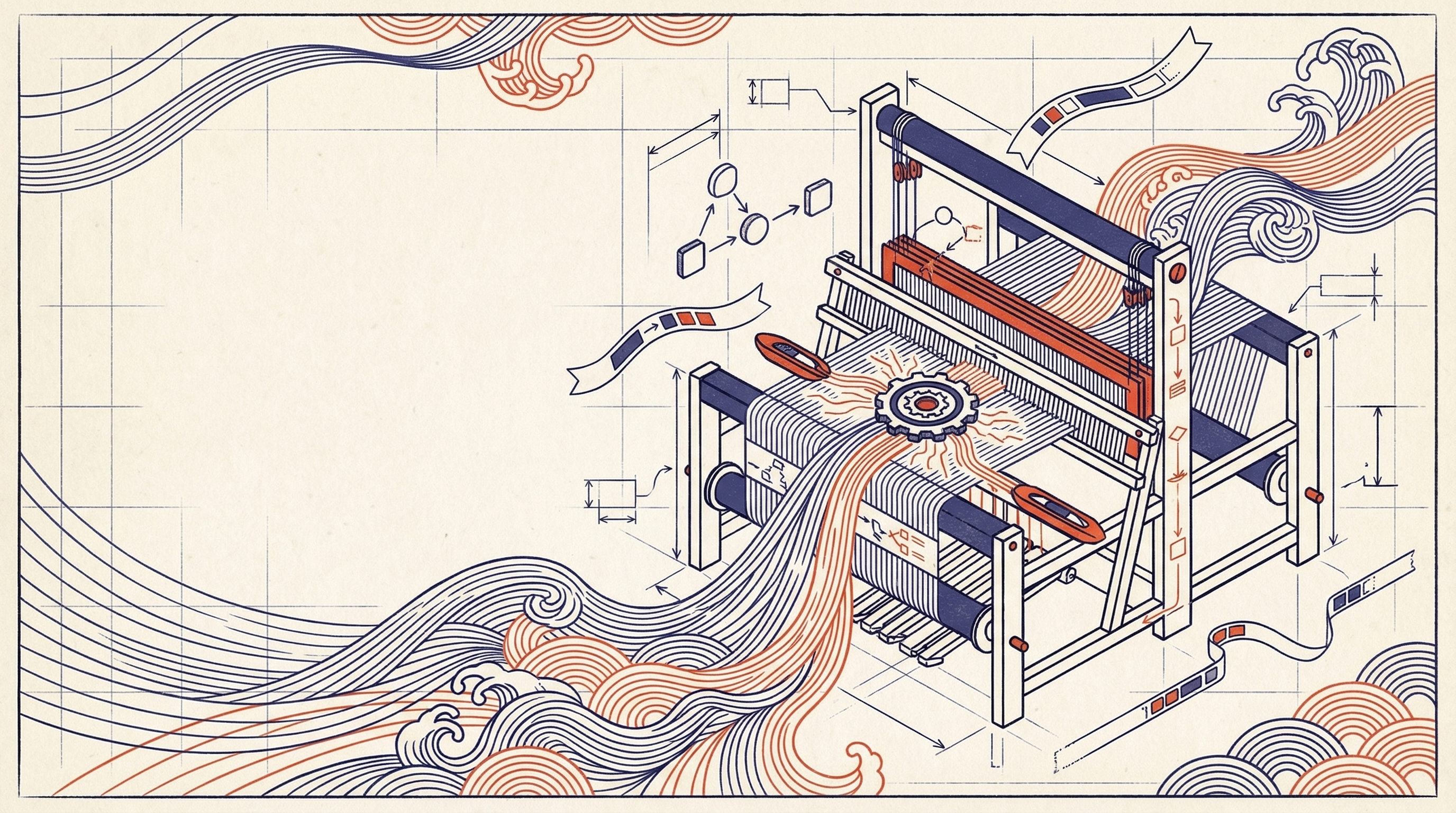 Illustrated loom fused with a software architecture diagram, showing indigo and vermilion threads moving through a daemon-like central hub with blueprint measurements and wave motifs.