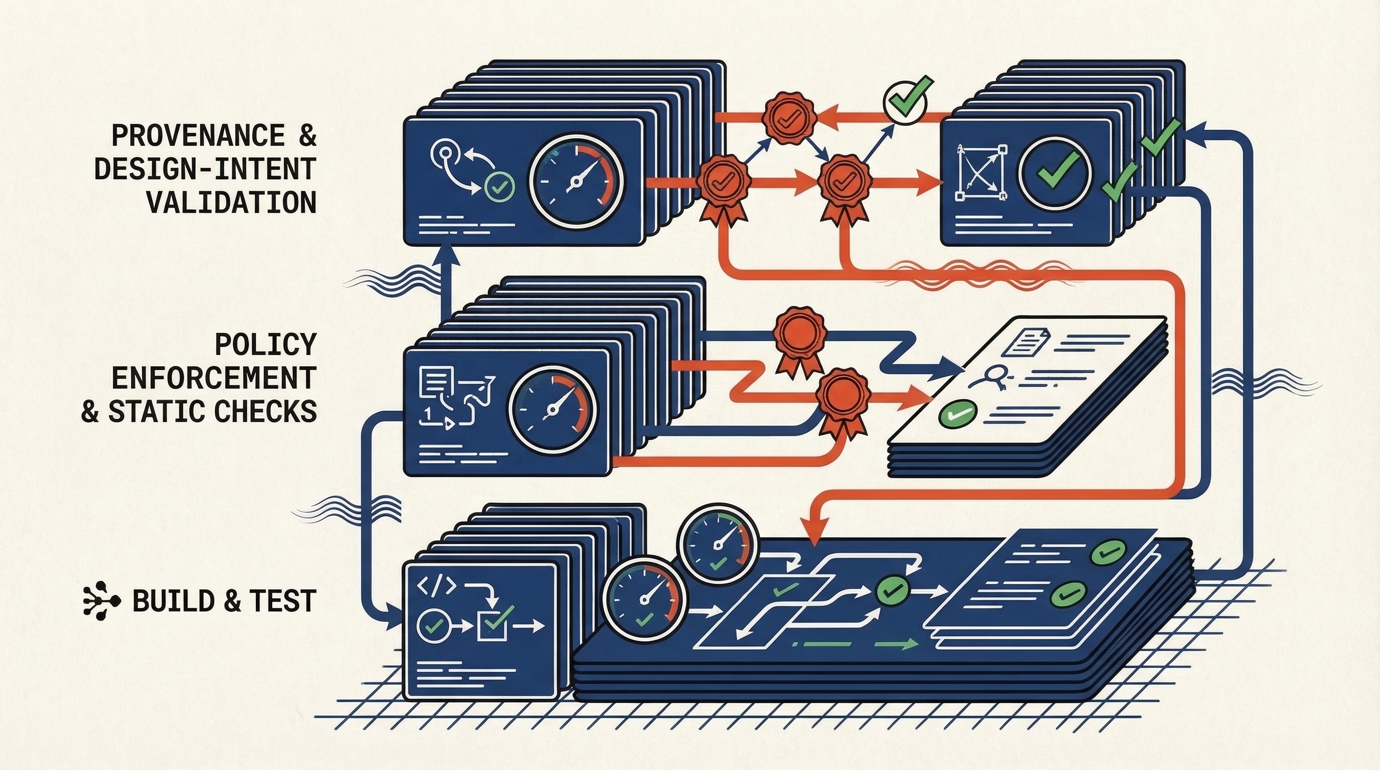Illustration of Weaver's staged verification stack, with diagnostics active today and policy plus test layers planned for later phases.