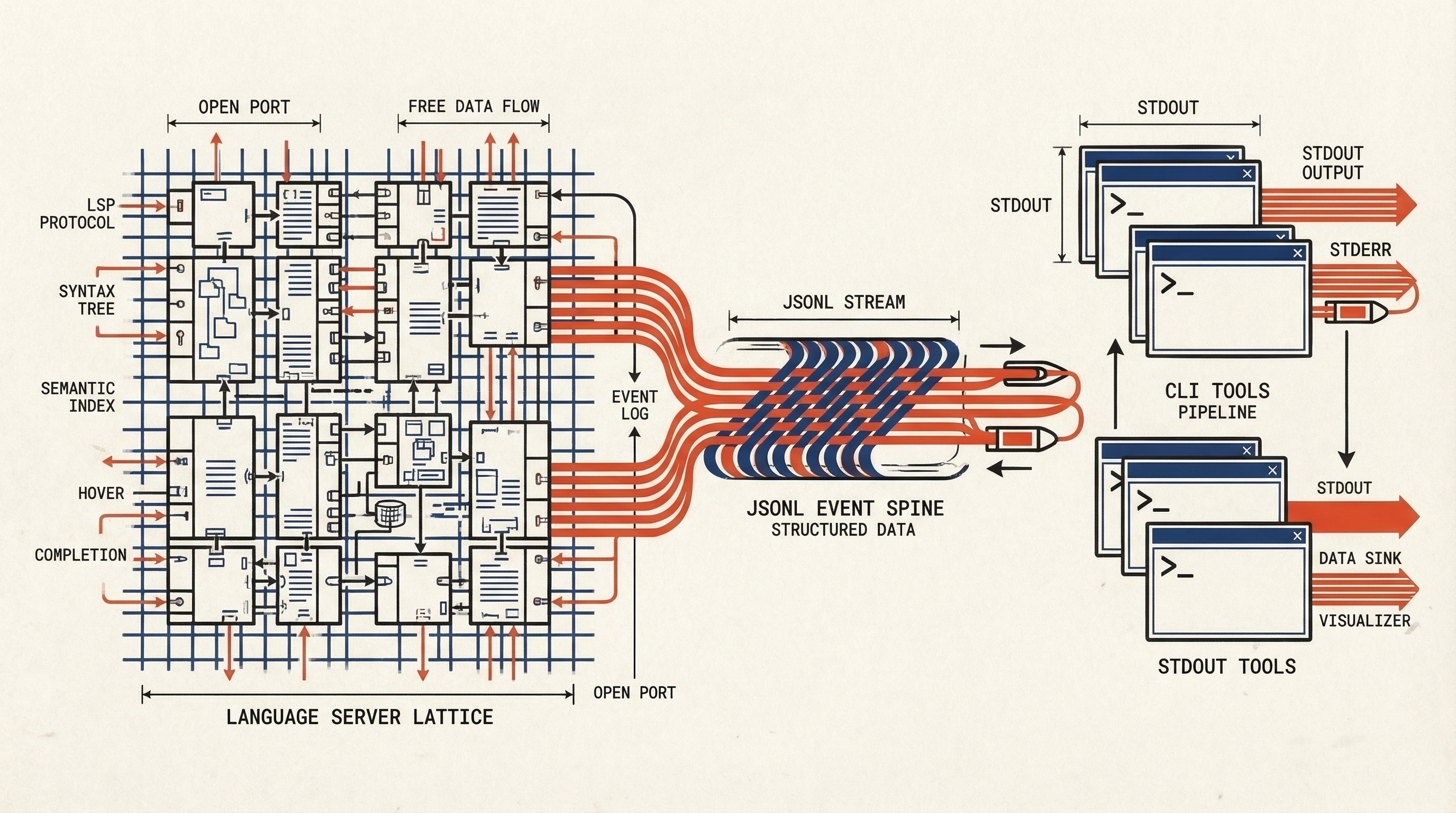 Illustration of Weaver's open interface model connecting language servers, a JSONL event spine, and terminal tools.